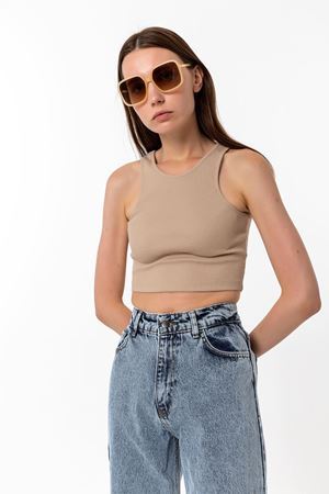 Kadın Bej Pamuk Karışımlı Halter Yaka Crop Top - Şık Basic Bluz