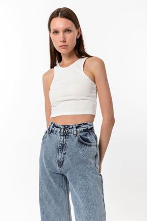 Kadın Ekru Pamuk Karışımlı Halter Yaka Crop Top - Şık Basic Bluz