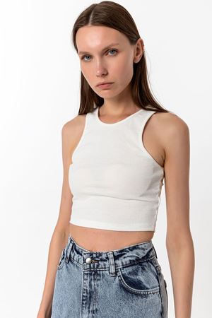 Kadın Ekru Pamuk Karışımlı Halter Yaka Crop Top - Şık Basic Bluz