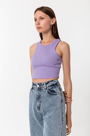 Kadın Lila Pamuk Karışımlı Halter Yaka Crop Top - Şık Basic Bluz