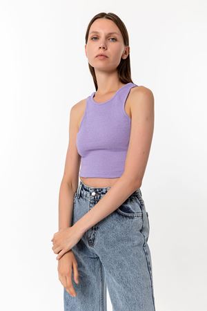 Kadın Lila Pamuk Karışımlı Halter Yaka Crop Top - Şık Basic Bluz