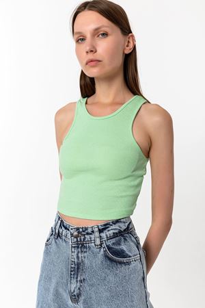 Kadın Yeşil Pamuk Karışımlı Halter Yaka Crop Top - Şık Basic Bluz