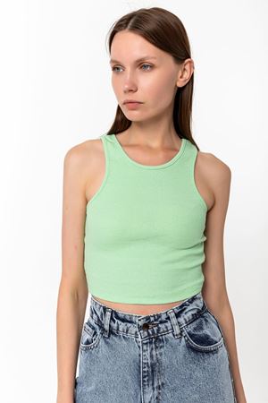 Kadın Yeşil Pamuk Karışımlı Halter Yaka Crop Top - Şık Basic Bluz
