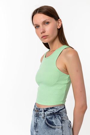 Kadın Yeşil Pamuk Karışımlı Halter Yaka Crop Top - Şık Basic Bluz