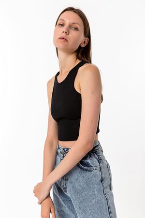 Kadın Siyah Pamuk Karışımlı Halter Yaka Crop Top - Şık Basic Bluz