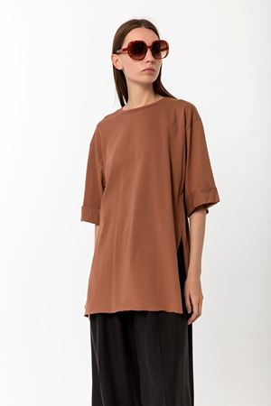 Kadın Kahverengi %100 Pamuk Yırtmaçlı Oversize T-Shirt - Ekstra Bol Kalıp Tişört