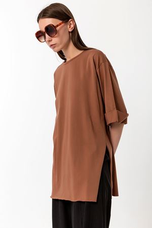 Kadın Kahverengi %100 Pamuk Yırtmaçlı Oversize T-Shirt - Ekstra Bol Kalıp Tişört