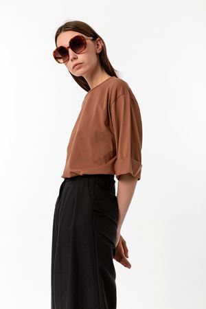 Kadın Kahverengi %100 Pamuk Yırtmaçlı Oversize T-Shirt - Ekstra Bol Kalıp Tişört