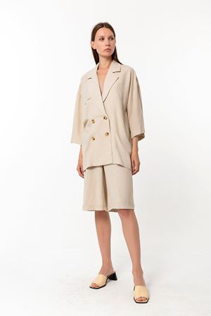 Kadın Bej %100 Keten Ceket Bermuda Şort Takım - Oversize İkili Takım