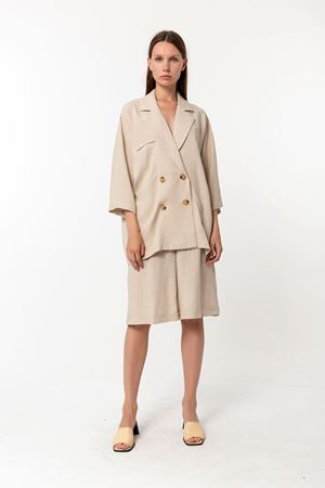 Kadın Bej %100 Keten Ceket Bermuda Şort Takım - Oversize İkili Takım