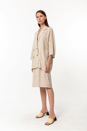 Kadın Bej %100 Keten Ceket Bermuda Şort Takım - Oversize İkili Takım
