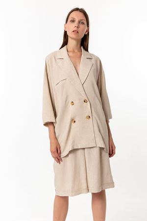 Kadın Bej %100 Keten Ceket Bermuda Şort Takım - Oversize İkili Takım