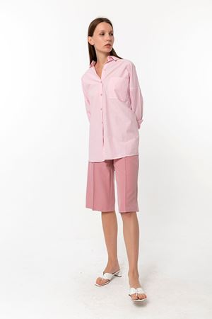 Kadın Pembe %100 Pamuk Poplin Oversize Uzun Kollu Gömlek - Ekstra Bol Kesim