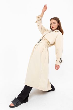 Kadın Krem Oversize Uzun Trençkot Matilda – Kemerli, 130 cm