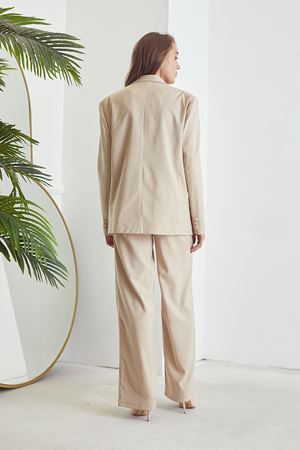 Kadın Tek Düğmeli Saten Oversize Blazer Ceket Bej