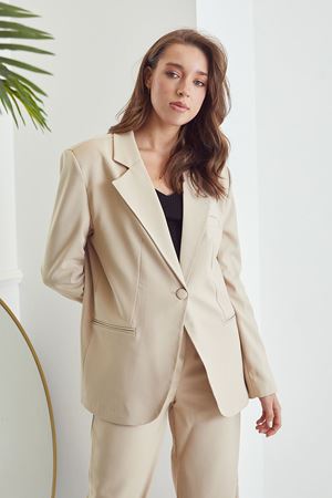 Kadın Tek Düğmeli Saten Oversize Blazer Ceket Bej
