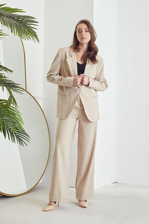 Kadın Tek Düğmeli Saten Oversize Blazer Ceket Bej