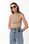 Kadın Bej Pamuk Karışımlı Halter Yaka Crop Top - Şık Basic Bluz