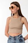 Kadın Bej Pamuk Karışımlı Halter Yaka Crop Top - Şık Basic Bluz