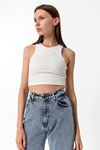 Kadın Ekru Pamuk Karışımlı Halter Yaka Crop Top - Şık Basic Bluz