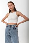 Kadın Ekru Pamuk Karışımlı Halter Yaka Crop Top - Şık Basic Bluz