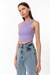 Kadın Lila Pamuk Karışımlı Halter Yaka Crop Top - Şık Basic Bluz