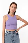 Kadın Lila Pamuk Karışımlı Halter Yaka Crop Top - Şık Basic Bluz