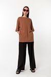 Kadın Kahverengi %100 Pamuk Yırtmaçlı Oversize T-Shirt - Ekstra Bol Kalıp Tişört