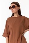 Kadın Kahverengi %100 Pamuk Yırtmaçlı Oversize T-Shirt - Ekstra Bol Kalıp Tişört