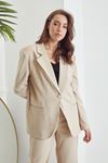 Kadın Tek Düğmeli Saten Oversize Blazer Ceket Bej